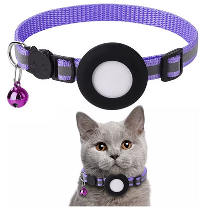 Pet Cat Collar Reflective Strip Airtag Holder Bell Adjustable Collar with Breakaway Buckle for Safe