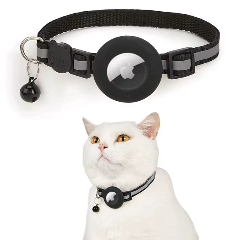 Pet Cat Collar Reflective Strip Airtag Holder Bell Adjustable Collar with Breakaway Buckle for Safe