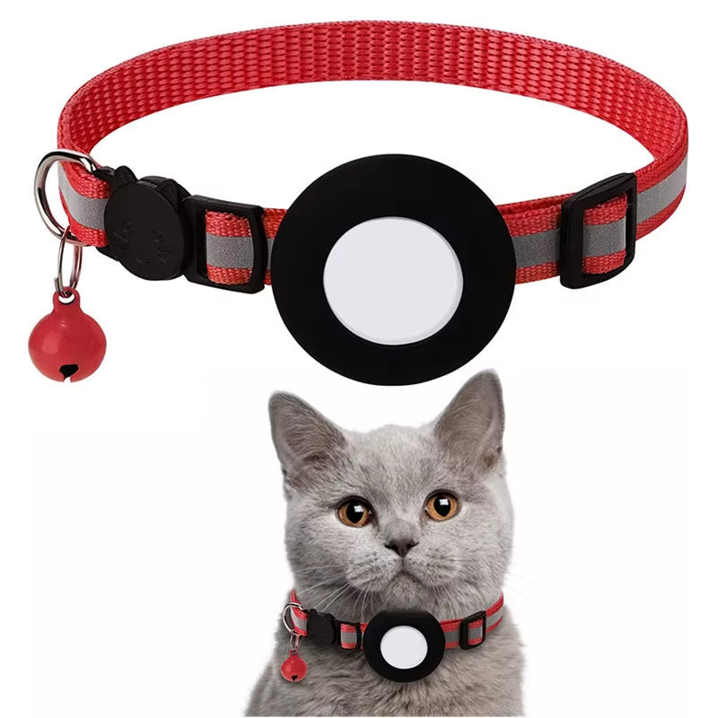 Pet Cat Collar Reflective Strip Airtag Holder Bell Adjustable Collar with Breakaway Buckle for Safe
