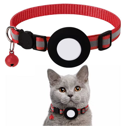 Pet Cat Collar Reflective Strip Airtag Holder Bell Adjustable Collar with Breakaway Buckle for Safe