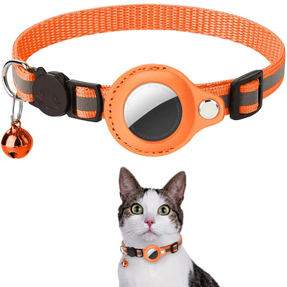 Pet Cat Collar Reflective Strip Airtag Holder Bell Adjustable Collar with Breakaway Buckle for Safe
