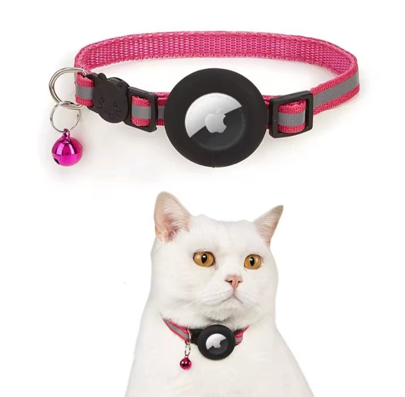 Pet Cat Collar Reflective Strip Airtag Holder Bell Adjustable Collar with Breakaway Buckle for Safe