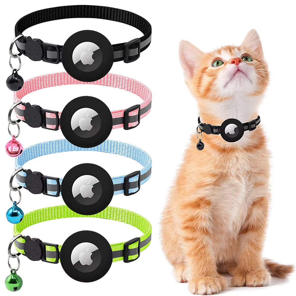 Pet Cat Collar Reflective Strip Airtag Holder Bell Adjustable Collar with Breakaway Buckle for Safe