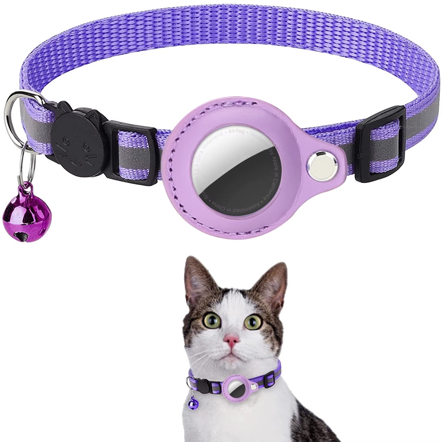 Pet Cat Collar Reflective Strip Airtag Holder Bell Adjustable Collar with Breakaway Buckle for Safe