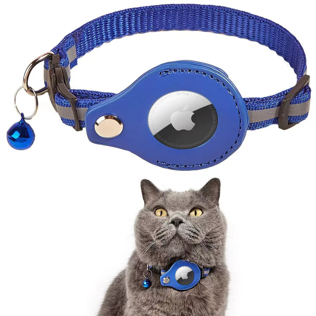 Pet Cat Collar Reflective Strip Airtag Holder Bell Adjustable Collar with Breakaway Buckle for Safe