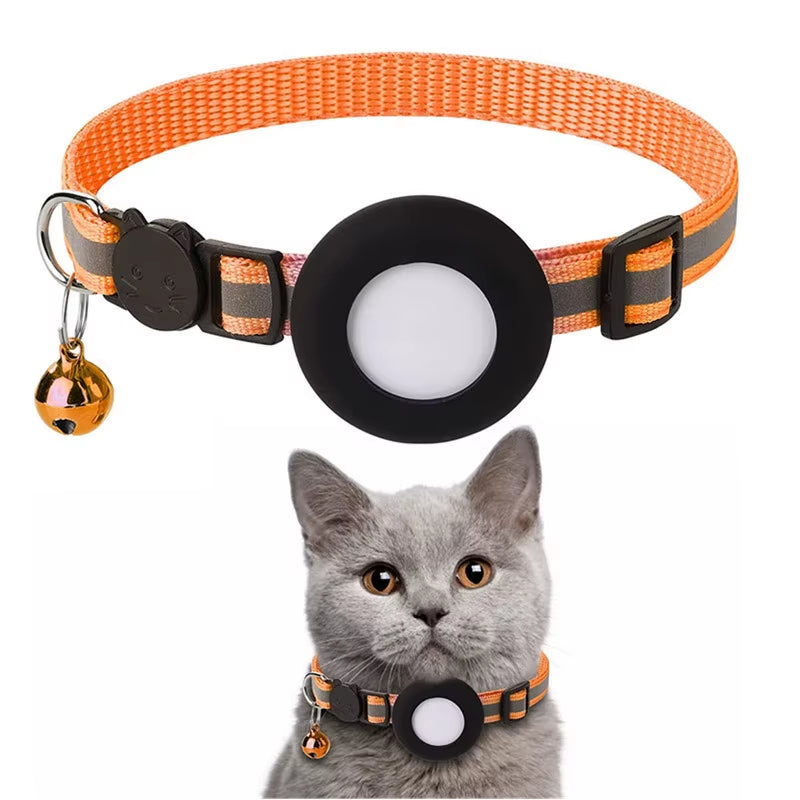 Pet Cat Collar Reflective Strip Airtag Holder Bell Adjustable Collar with Breakaway Buckle for Safe