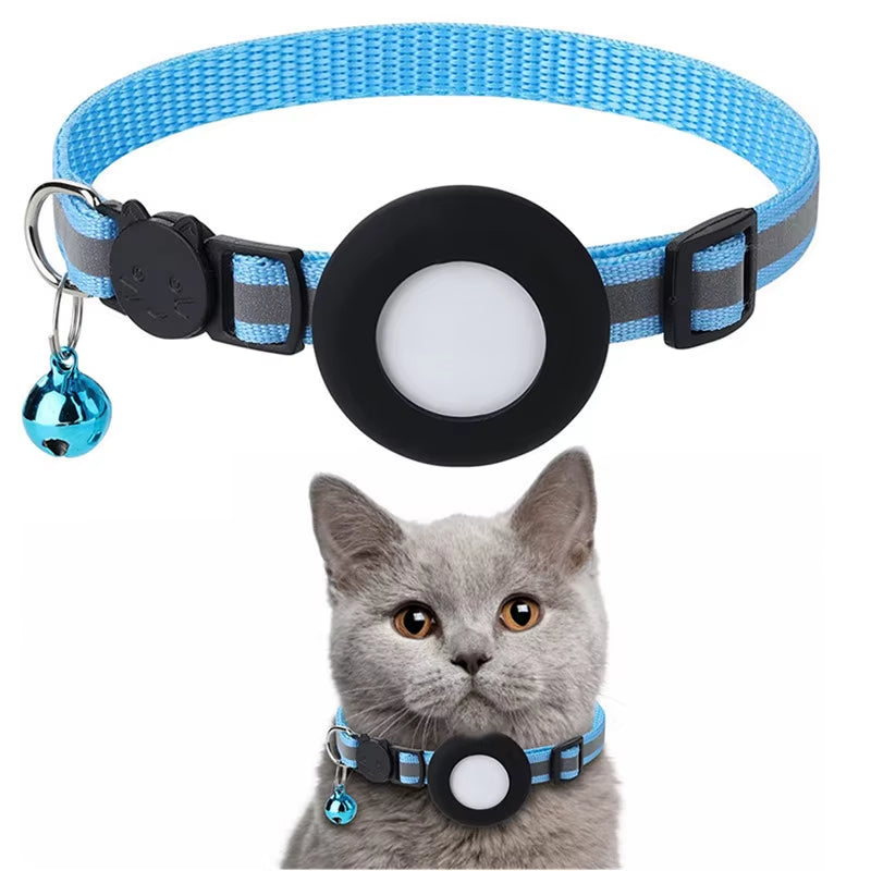 Pet Cat Collar Reflective Strip Airtag Holder Bell Adjustable Collar with Breakaway Buckle for Safe