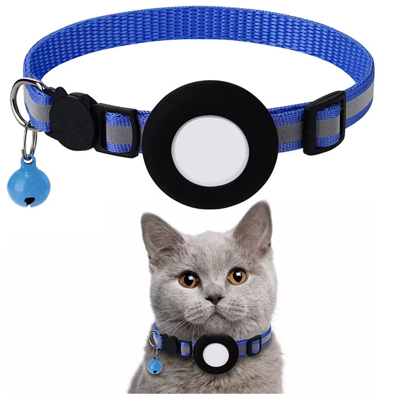 Pet Cat Collar Reflective Strip Airtag Holder Bell Adjustable Collar with Breakaway Buckle for Safe