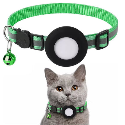 Pet Cat Collar Reflective Strip Airtag Holder Bell Adjustable Collar with Breakaway Buckle for Safe
