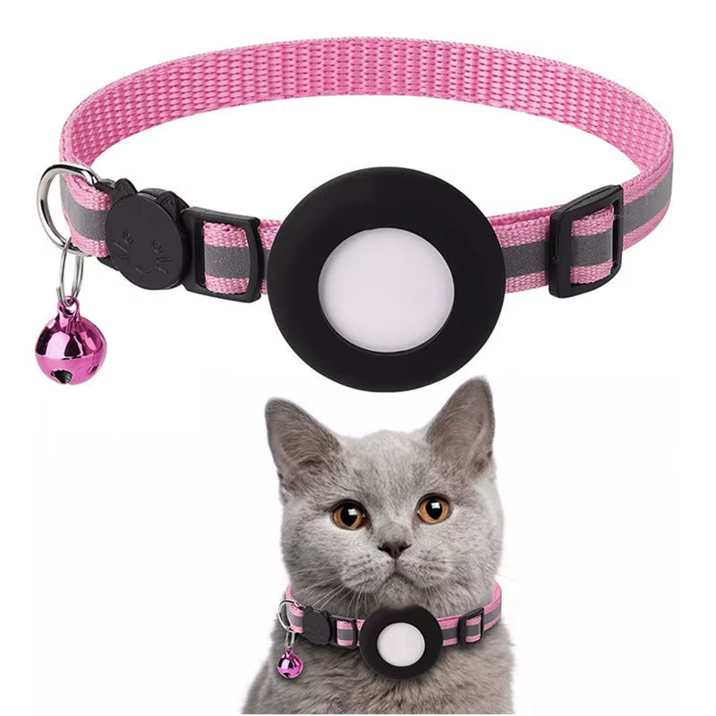 Pet Cat Collar Reflective Strip Airtag Holder Bell Adjustable Collar with Breakaway Buckle for Safe