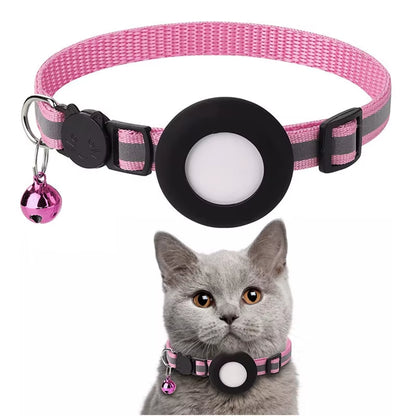 Pet Cat Collar Reflective Strip Airtag Holder Bell Adjustable Collar with Breakaway Buckle for Safe