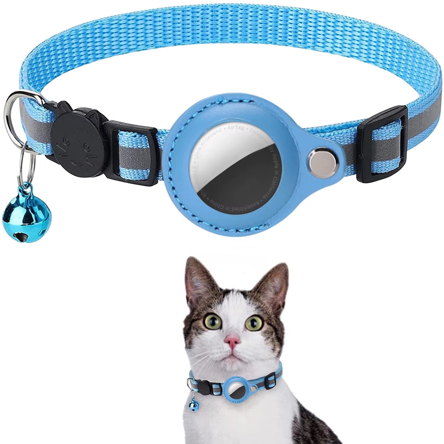 Pet Cat Collar Reflective Strip Airtag Holder Bell Adjustable Collar with Breakaway Buckle for Safe