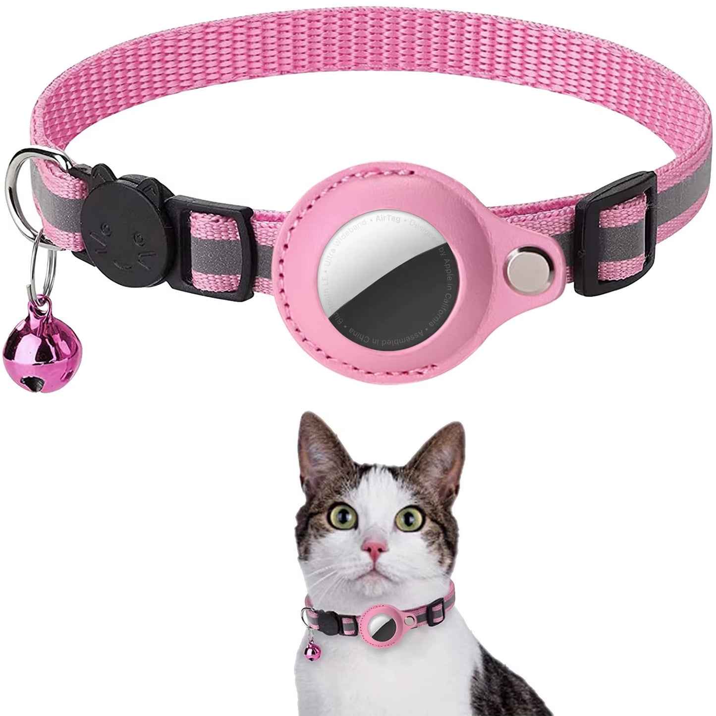 Pet Cat Collar Reflective Strip Airtag Holder Bell Adjustable Collar with Breakaway Buckle for Safe