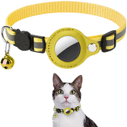 Pet Cat Collar Reflective Strip Airtag Holder Bell Adjustable Collar with Breakaway Buckle for Safe