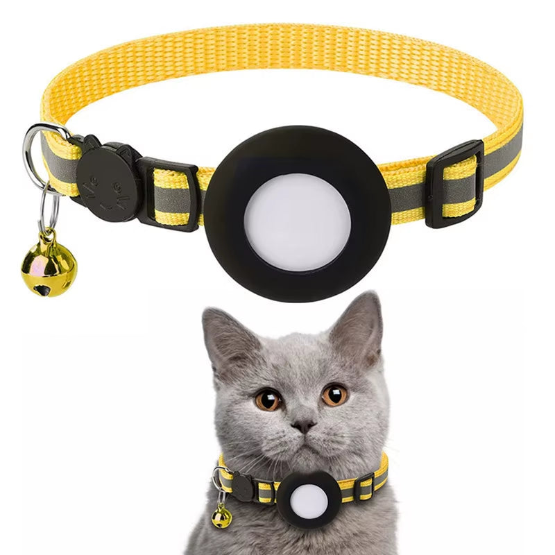 Pet Cat Collar Reflective Strip Airtag Holder Bell Adjustable Collar with Breakaway Buckle for Safe