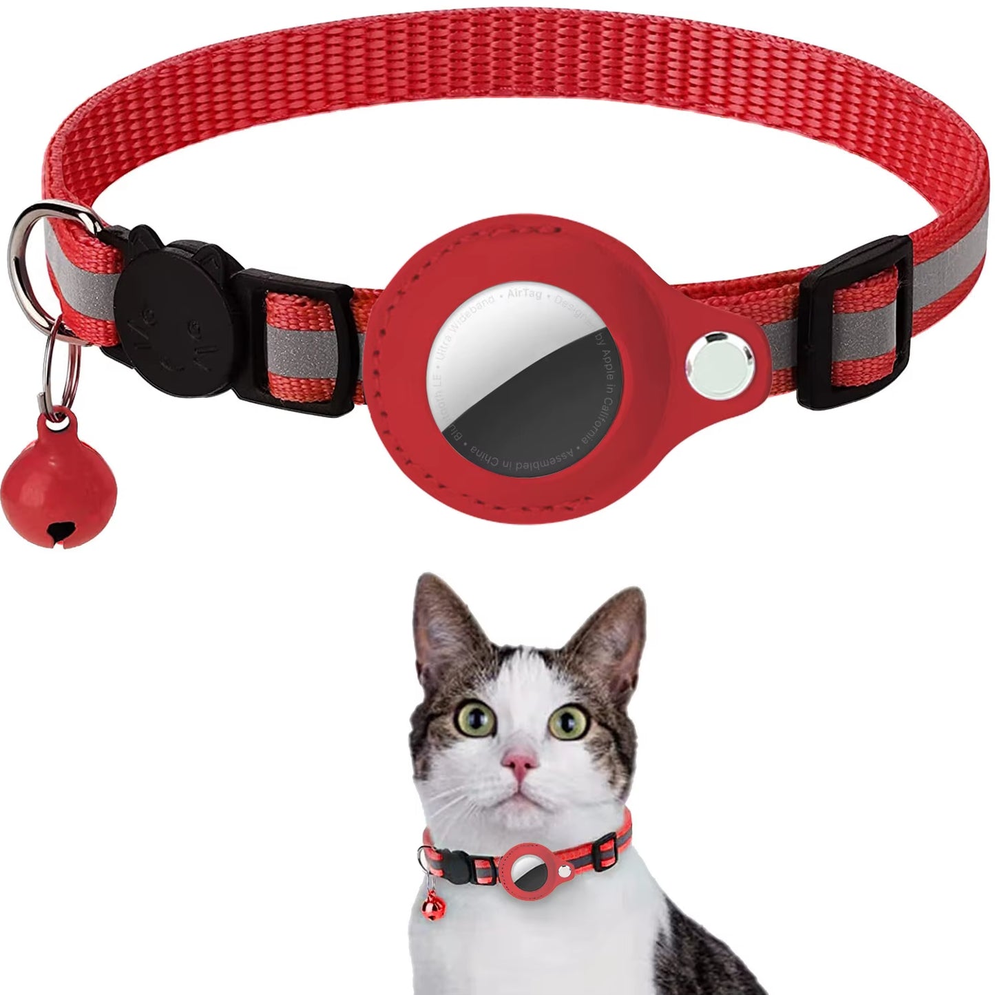 Pet Cat Collar Reflective Strip Airtag Holder Bell Adjustable Collar with Breakaway Buckle for Safe