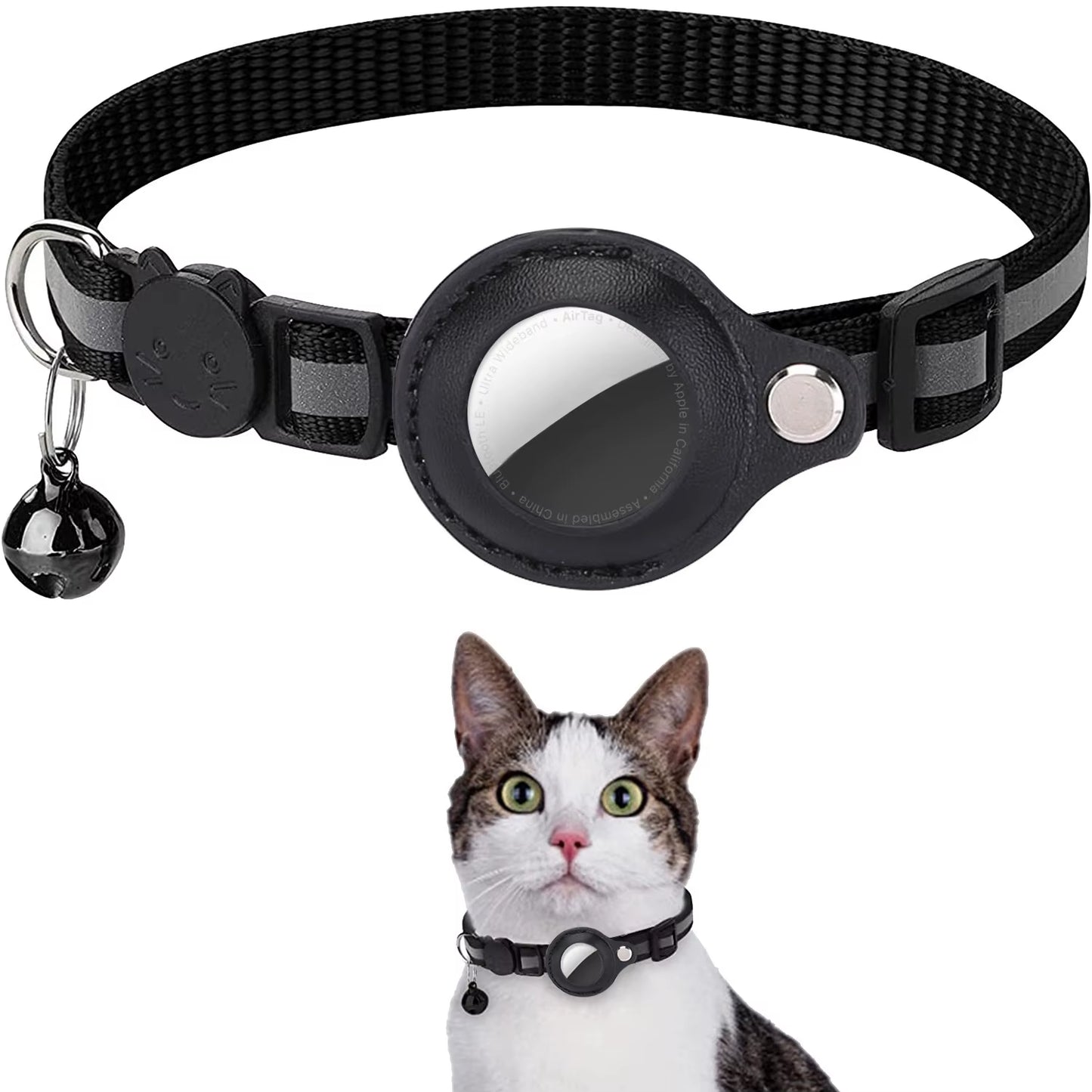 Pet Cat Collar Reflective Strip Airtag Holder Bell Adjustable Collar with Breakaway Buckle for Safe
