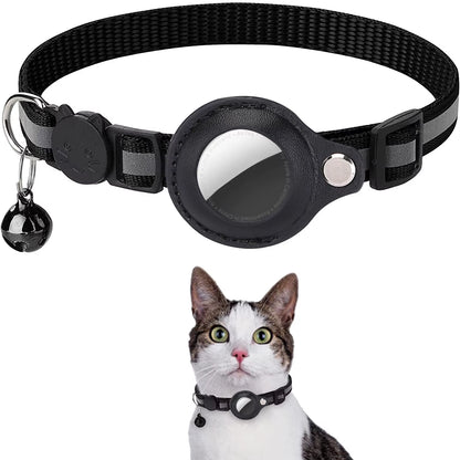 Pet Cat Collar Reflective Strip Airtag Holder Bell Adjustable Collar with Breakaway Buckle for Safe