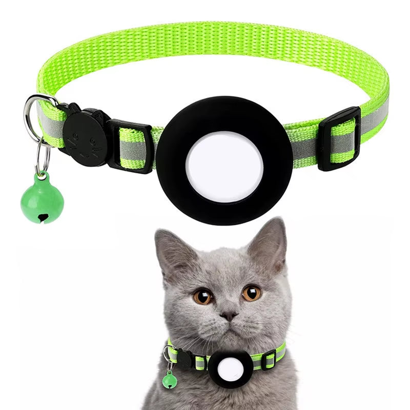 Pet Cat Collar Reflective Strip Airtag Holder Bell Adjustable Collar with Breakaway Buckle for Safe